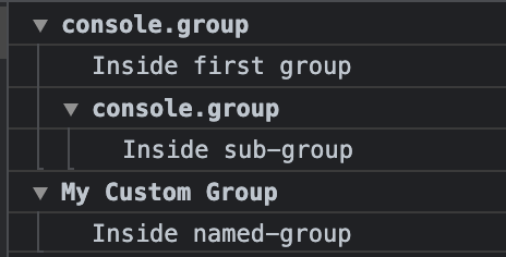 Notre console javascript contient des groupes